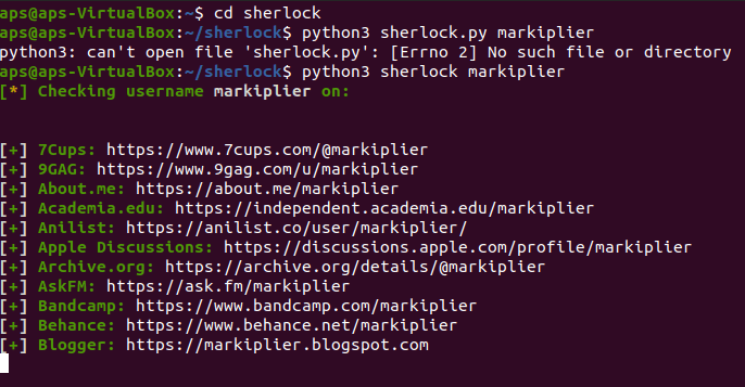 An example that uses 'cd sherlock' and 'python3 sherlock markiplier'