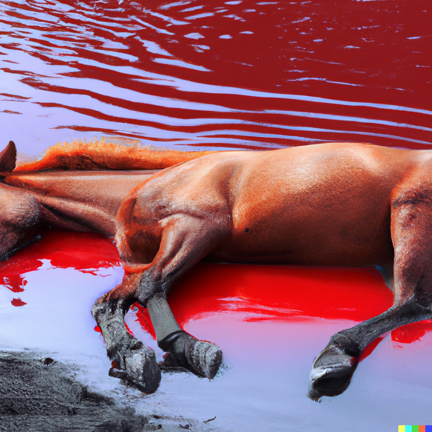 A photo of a horse sleeping in a pool of red liquid.” Credit: Open AI